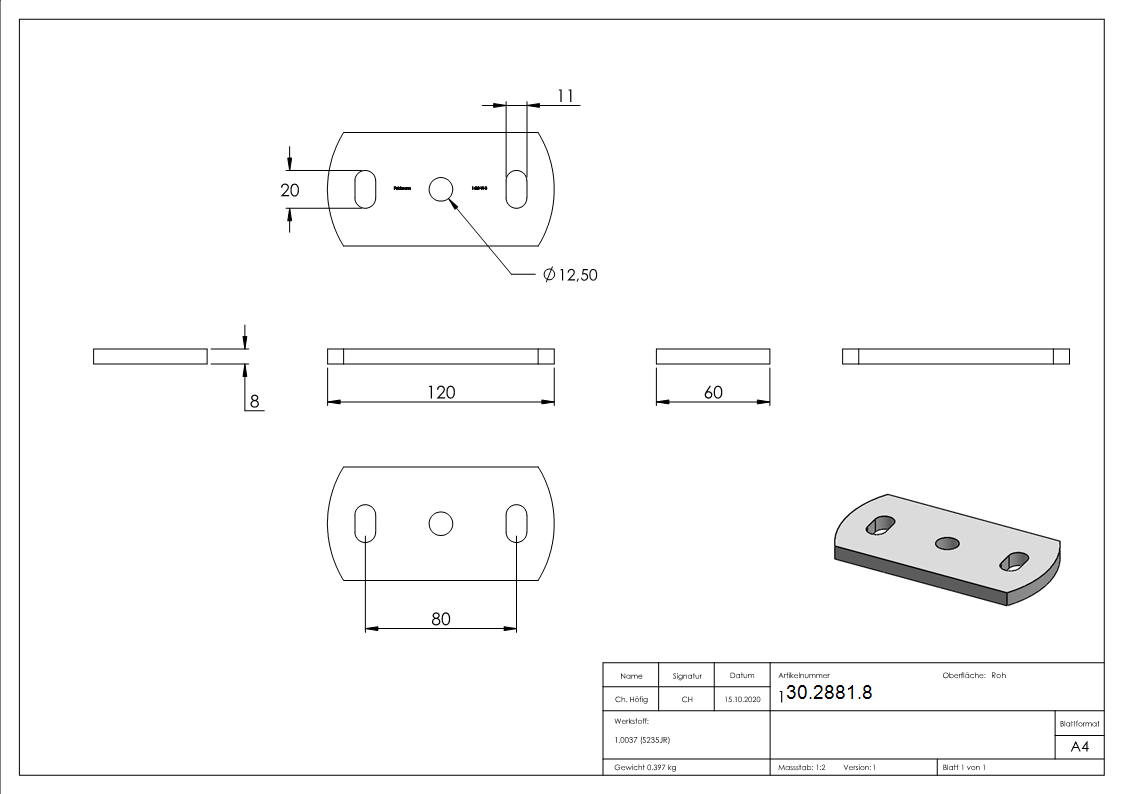 Ankerplatte 120x60x8 mm 3 Bohrungen |  Stahl roh