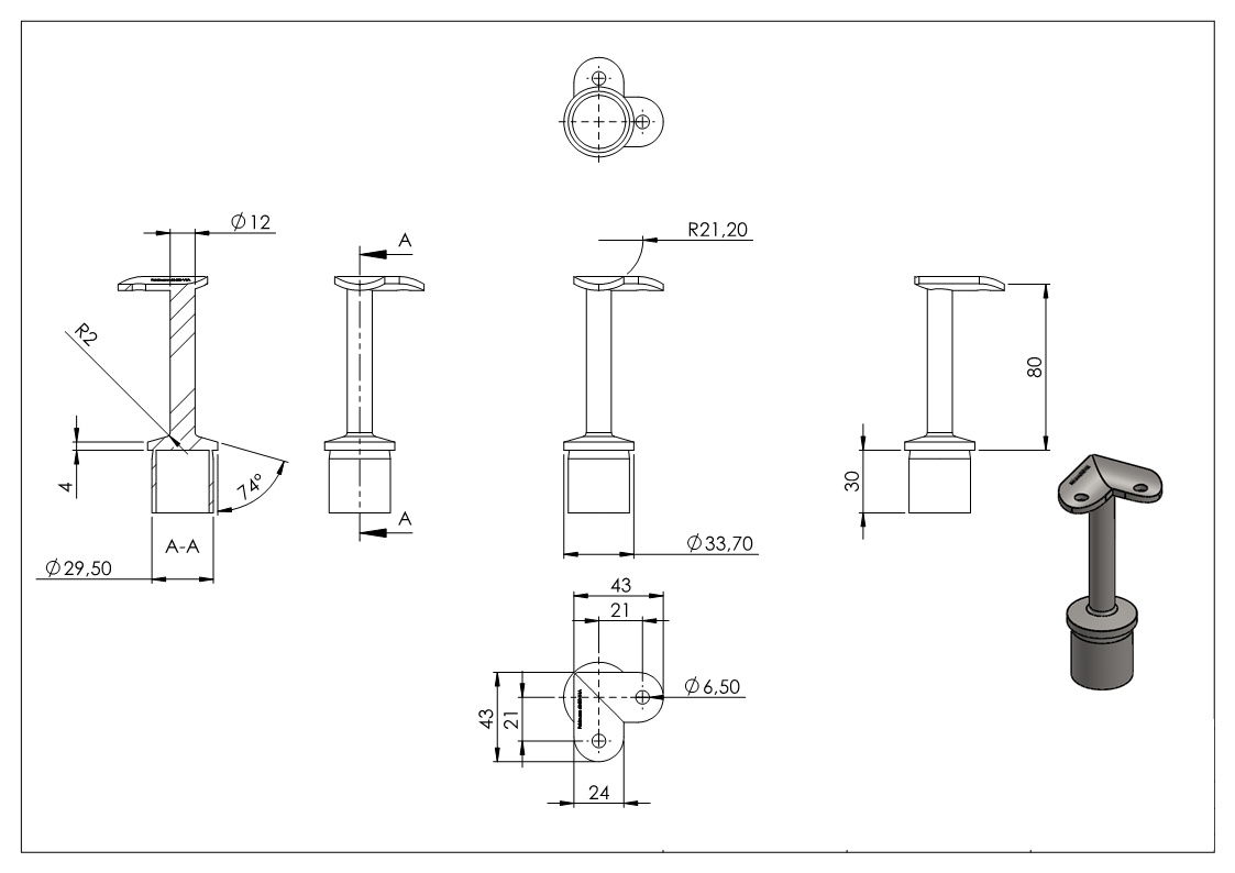 Handlaufstütze aus einem Stück mit Halteplatte 90°