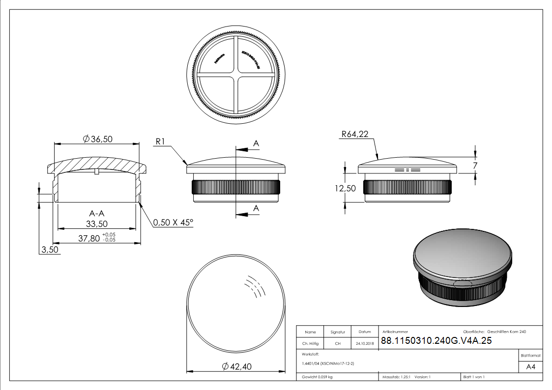 Einsteckkappe Edelstahl V4A fuer Rohr Ø 42-4 x 2-5 mm- leicht gewoelbt zum Einschlagen-88-1150310-240G-V4A.25