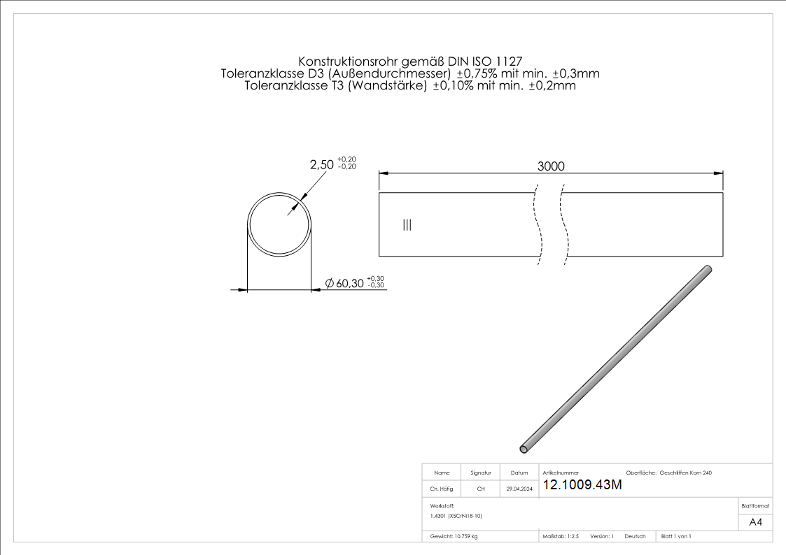 Rundrohr Ø 60,3 x 2,5 mm á 3 m Edelstahl