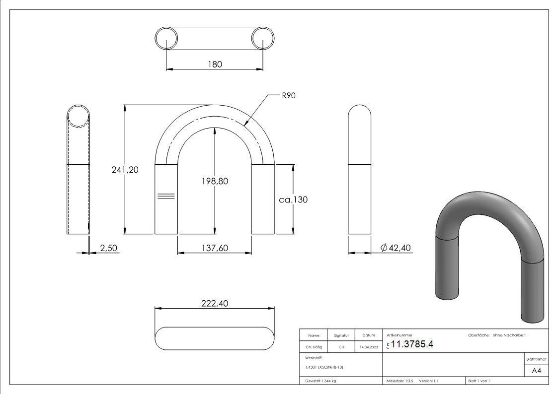 Bogen 180° zum Schweissen aus Rundrohr- Ø 42-4x2-6 mm V2A-11-3785.4