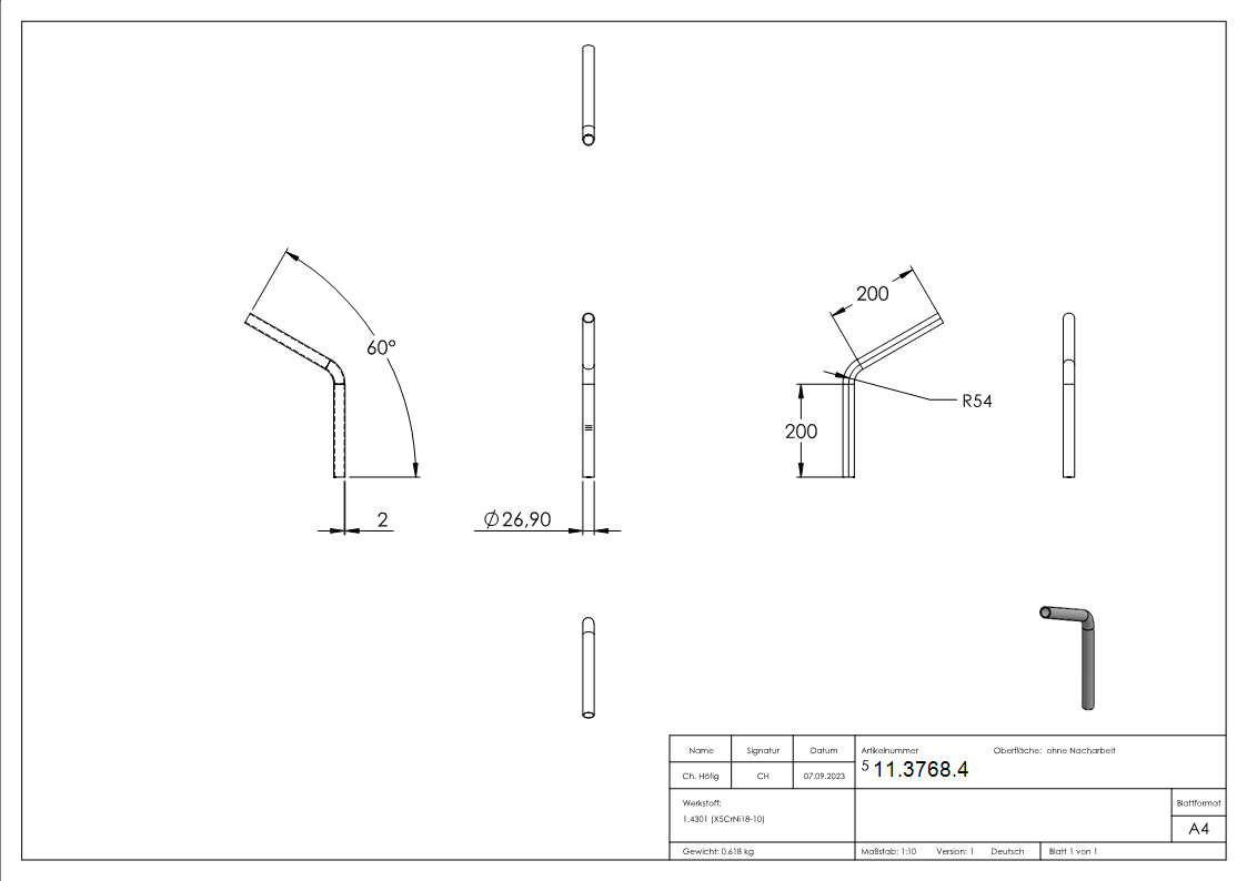 Bogen 60° | zum Schweißen | aus Rundrohr: Ø 26,9x2,0 mm | V2A