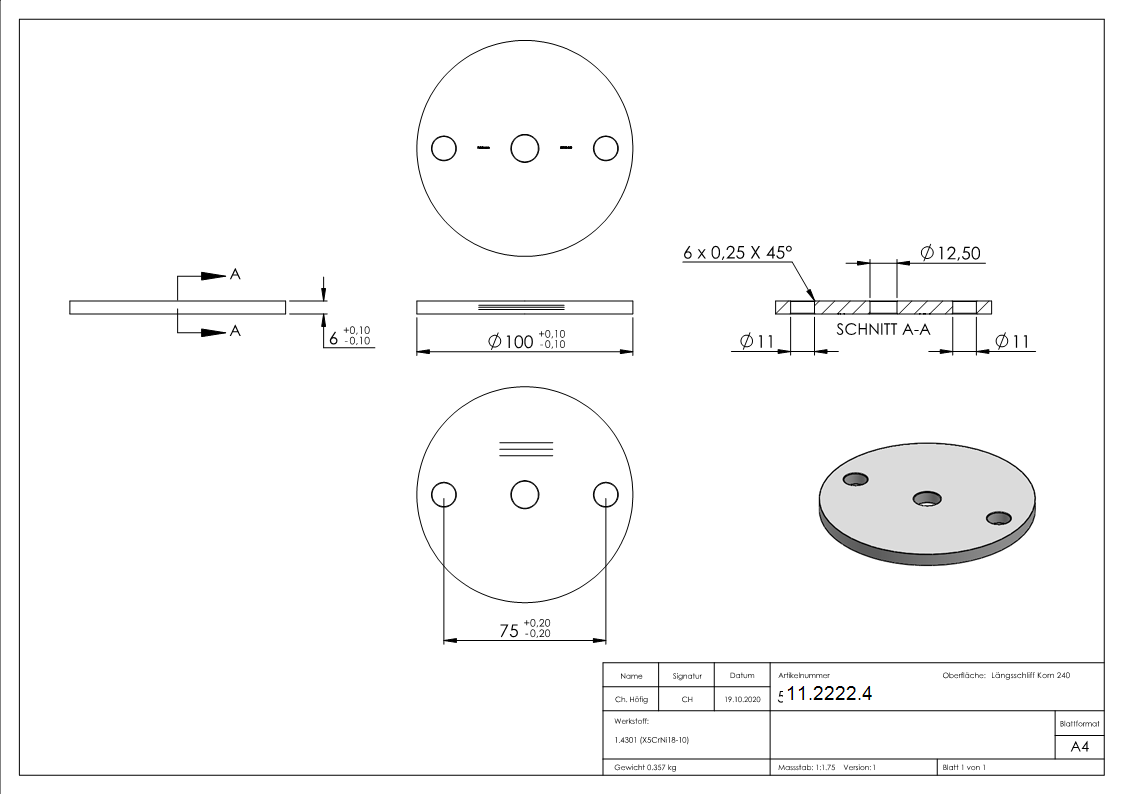Ankerplatte Ø 100 x 6 mm mit Zentrierbohrung- Ø 12-5 mm V2A-11-2222.4