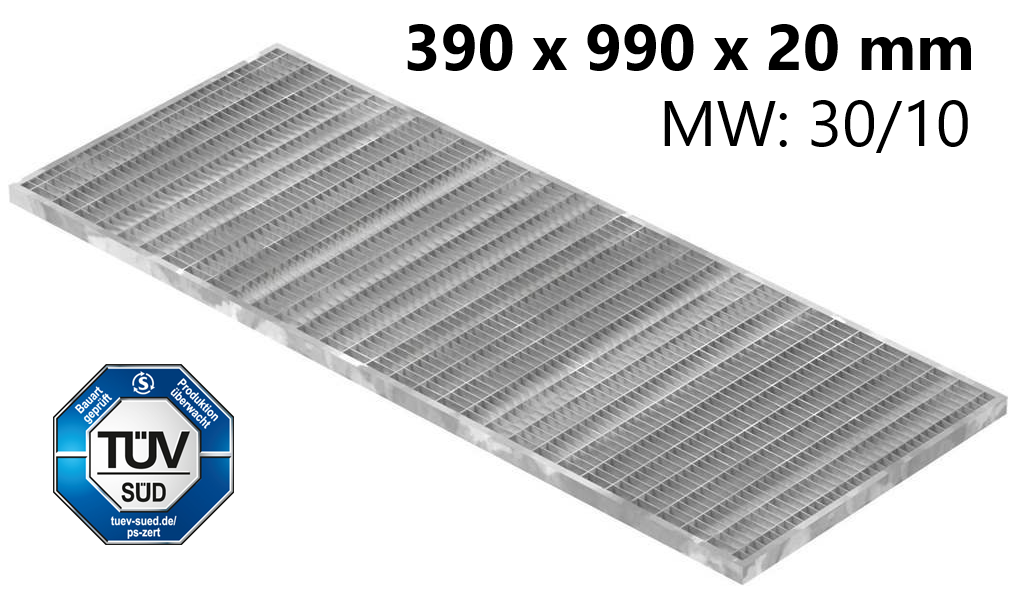 Lichtschachtrost Baunormrost | Maße:  390x990x20 mm 30/10 mm | aus S235JR (St37-2), im Vollbad feuerverzinkt