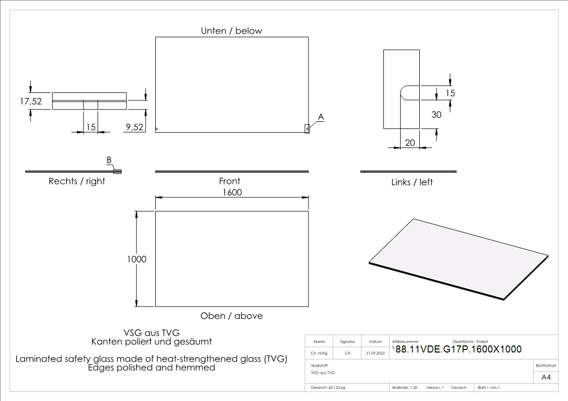 Vordachglas VSG 1600x1000 mm aus 2x8 mm TVG mit 1-52 mm PVB-88-11VDE-G17P.1600X1000