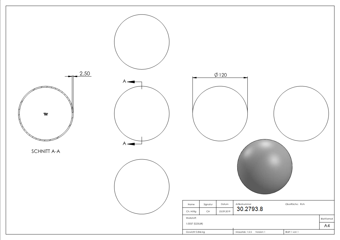 Hohlkugel - Ø 120 mm - Stahl S235JR- roh-30-2793.8