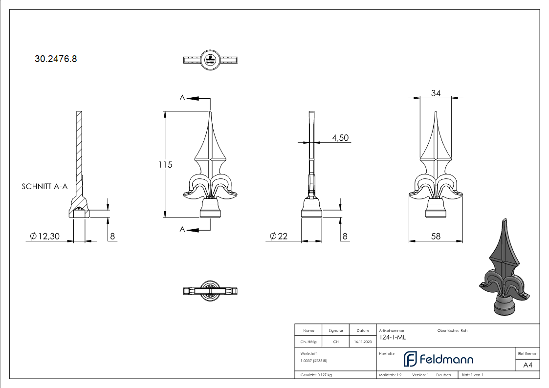 Zaunspitze Stahl Ansatz Ø 20 mm- H 115 mm- Bohrung Ø 12-7 mm-30-2476.8