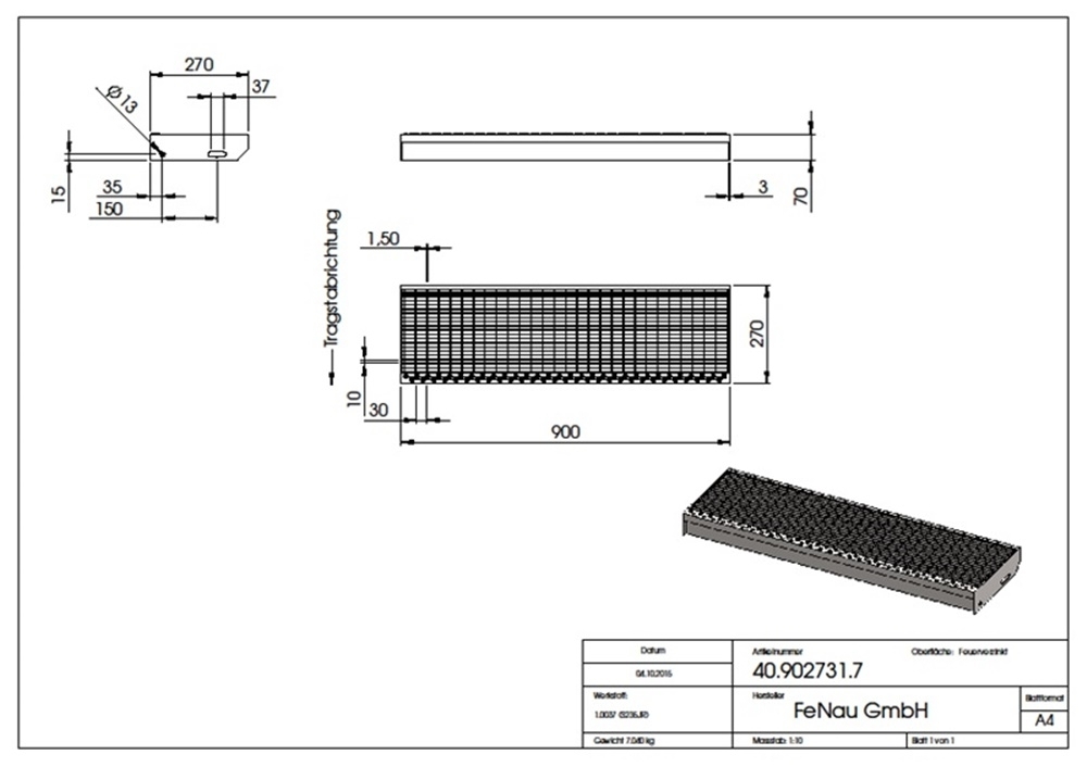 Gitterroststufe Treppenstufe | Maße: 900x270 mm 30/10 mm | S235JR (St37-2), im Vollbad feuerverzinkt