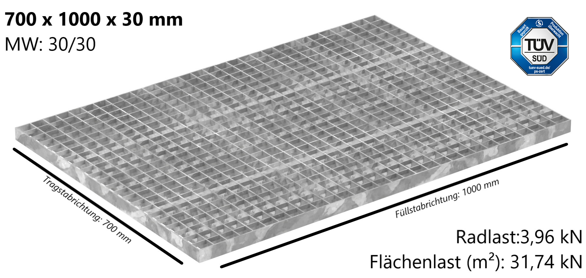 Industrie-Gitterrost | Maße: 700x1000x30 mm; MW 30/30 mm; 30/3 mm | S235JR (St37-2), im Vollbad feuerverzinkt