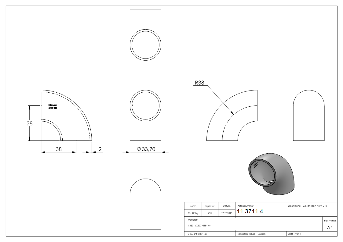 Bogen 90° zum Schweissen fuer Rundrohr- Ø 33-7 mm V2A- Bauart 3-11-3711.4