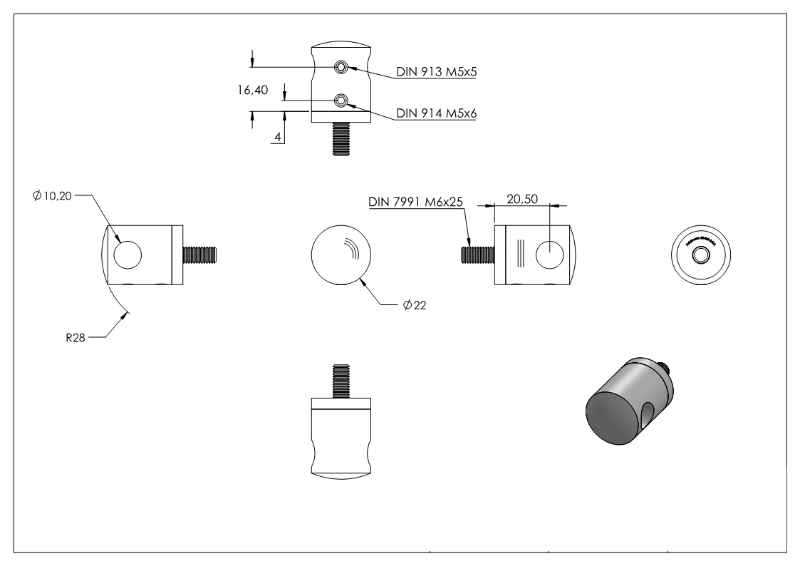 Querstabhalter Ø 22 mm | Anschluss: flach | mit Bohrung: 10,2 mm | V2A