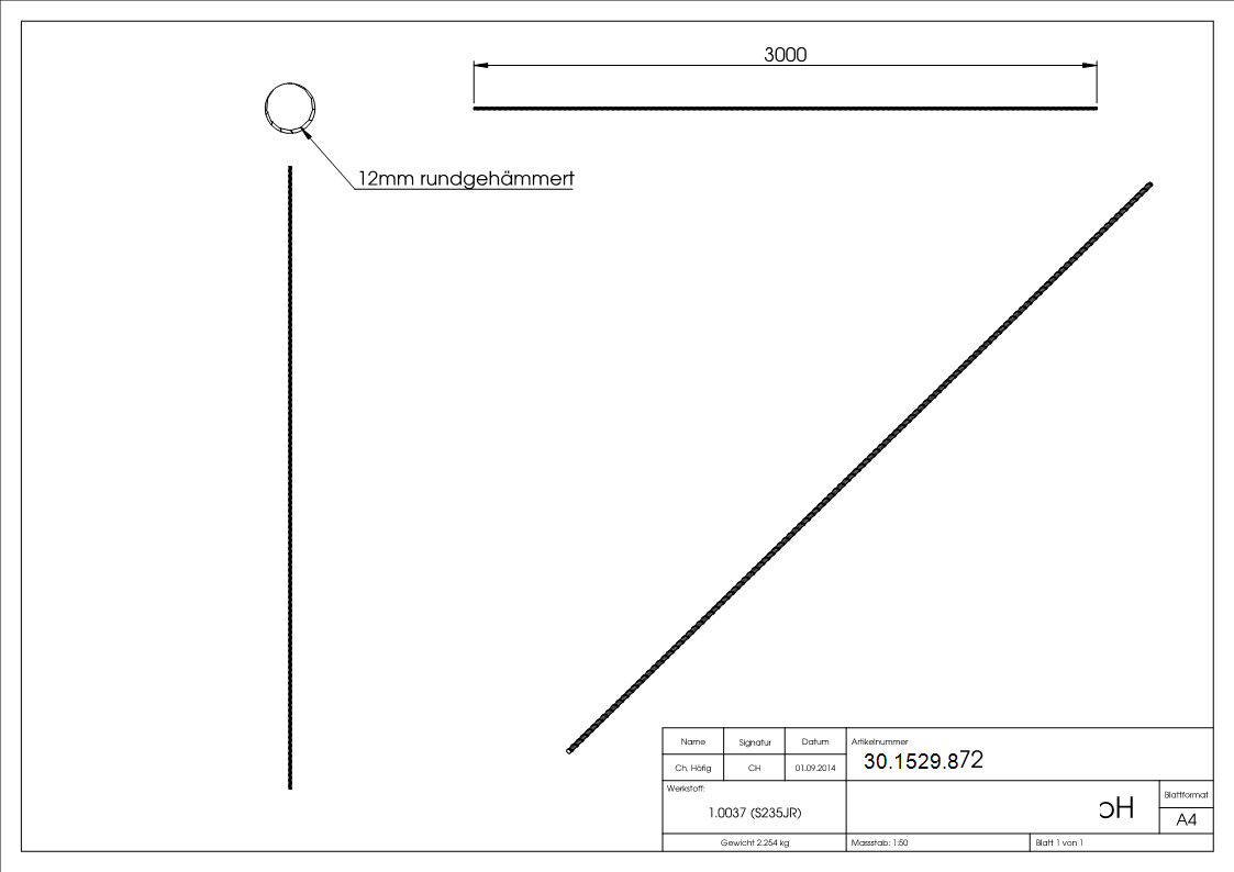 Rundeisen spindelförmig geschmiedet Ø 12 mm Länge: 3000 mm Stahl (Roh) S235JR