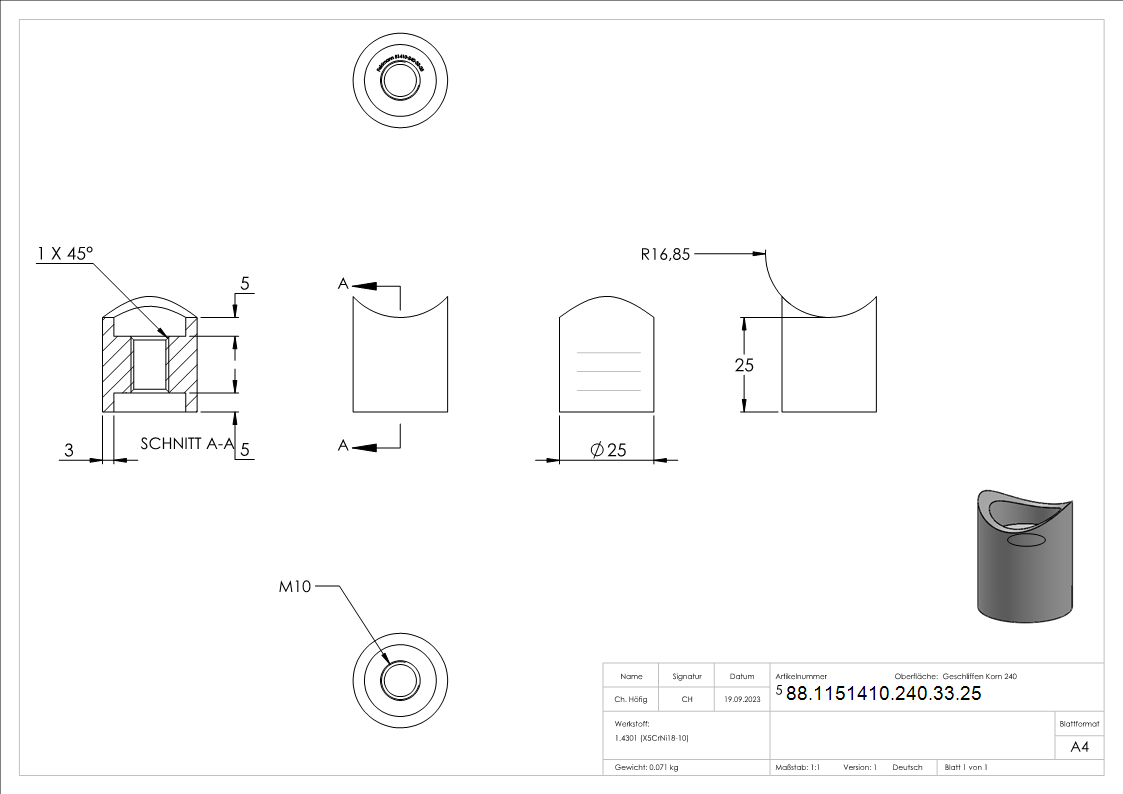 Abstandshalter für Rohr 33,7mm, Länge 25mm, V2A