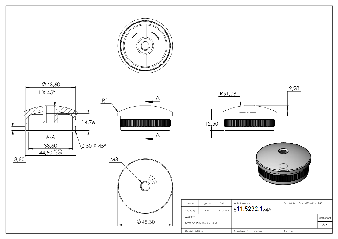 Rohrstopfen fuer Ø 48-3x2-0 mm leicht gewoelbt mit M8 zum Einschlagen V4A-11-5232.1