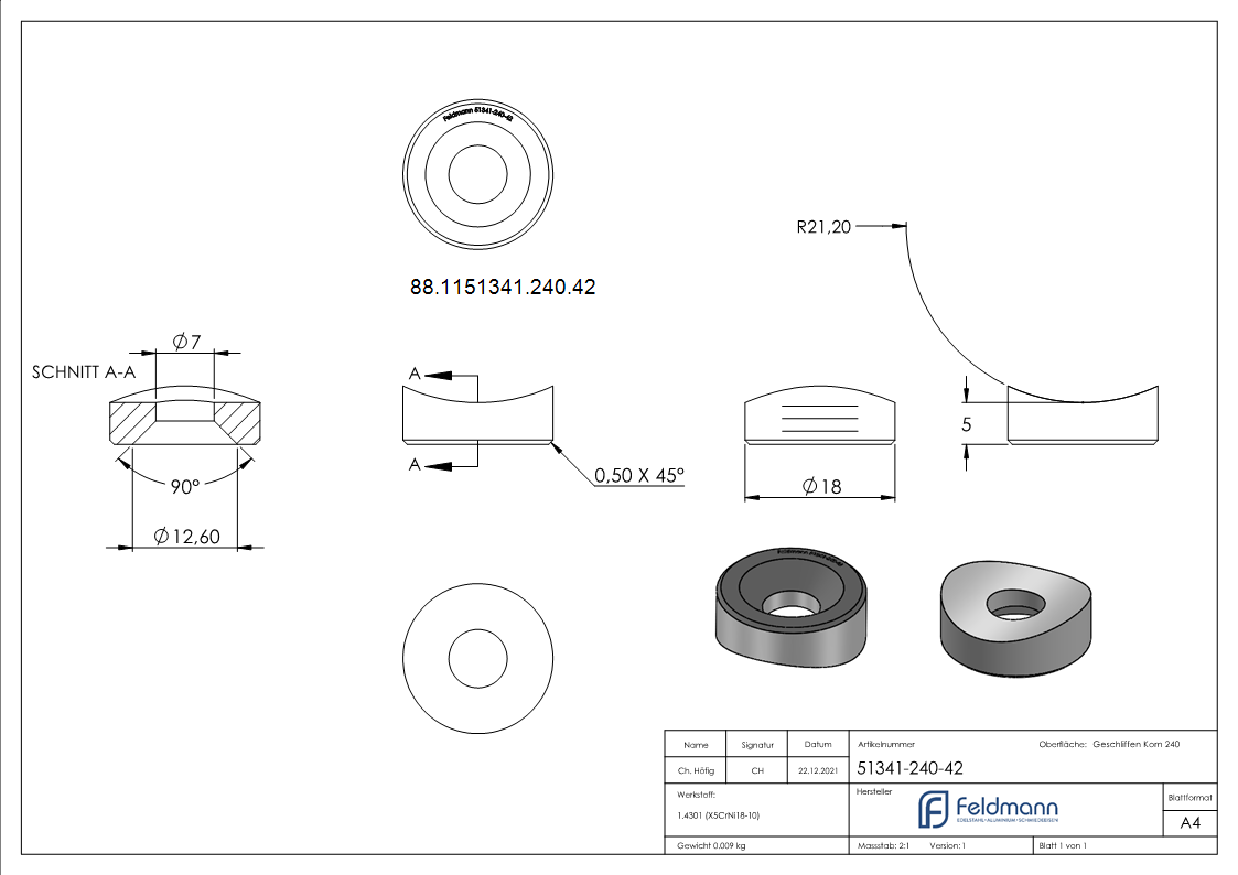 Ausgleichsstueck Ø 18mm fuer Rundrohr Ø 42-4mm mit Senkbohrung 6-5 mm- V2A-88-1151341-240.42