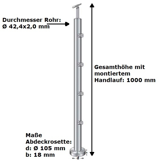 Gelaenderpfosten V2A 900 mm- D42-4 mm fuer Treppe- Oberverankerung- 4x Fuellstabhalter d12mm-14-0065RR-A.4