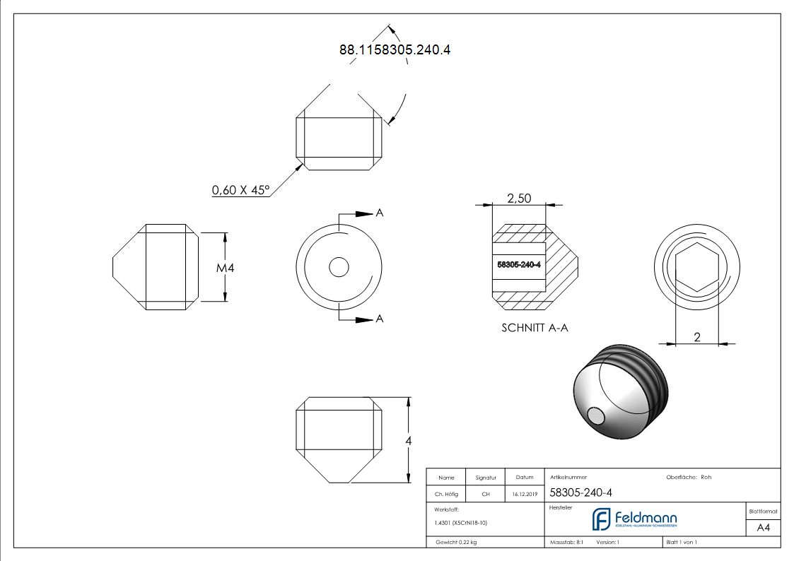 Gewindestift V2A M4x4 Innensechskant Spitze DIN 914 - ISO 4027-88-1158305-240.4