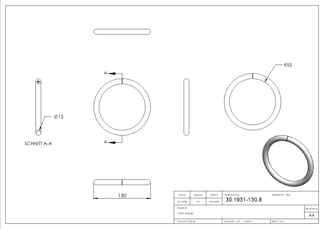 Ring - Material- 12 mm - Aussen-Ø 130 mm - Stahl S235JR- roh-30-1931-130.8