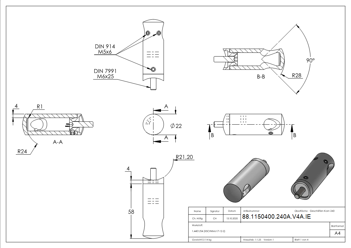 Querstabhalter V4A Edelstahl – 90° Innenecke für Anschluss 42,4 mm passend für Rundstäbe 12 mm inkl. Maden- & Befestigungsschrauben