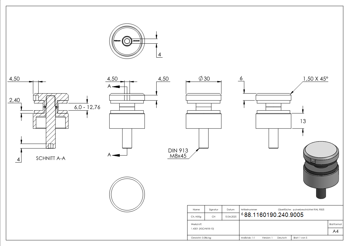 Glaspunkthalter 30mm- Anschluss- flach- V2A- pulverbeschichtet in RAL 9005 schwarz matt-88-1160190-240.9005