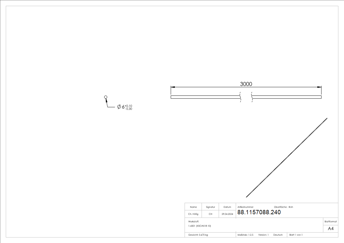 Rundmaterial,  6mm, ungeschliffen, Länge: 3000mm Edelstahl