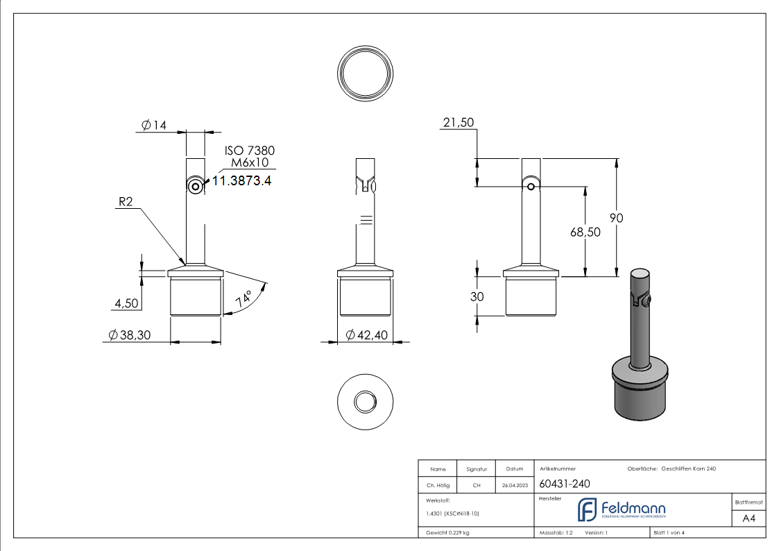 Handlaufstuetze aus einem Stueck mit Gelenk fuer  42-4 mm-11-3873.4