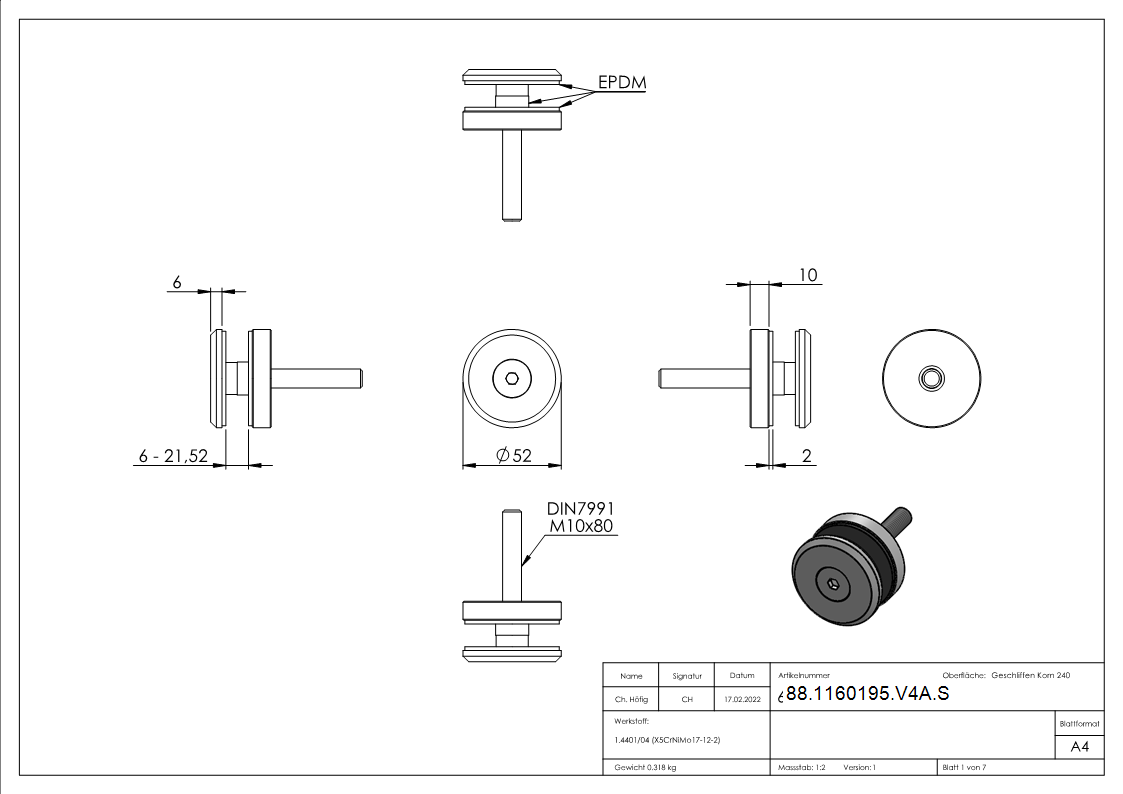 Glaspunkthalter Edelstahl V4A Ø 52 mm Klemmbereich 6-0-21-52 mm flach mit Schraube M10x80-88-1160195-V4A.S
