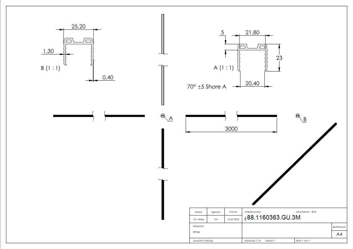 Keildichtung Glas 20-76 – 21-52mm- fuer Nut 24 x 24mm- Laenge 3m- EPDM-88-1160363-GU.3M