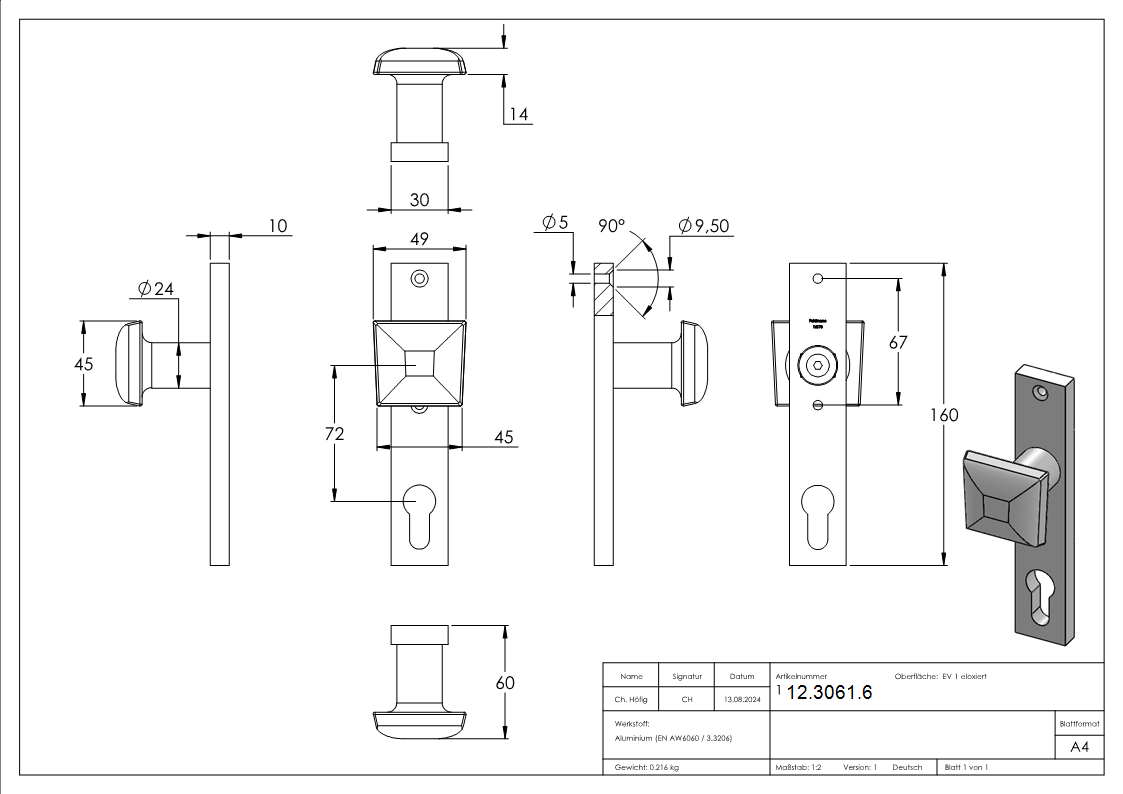 Alu-Tuerdruecker - fest mit Alu-Zylinderkurzschild - Aluminium EV1 - AMF Artikel- 16170-12-3061.6