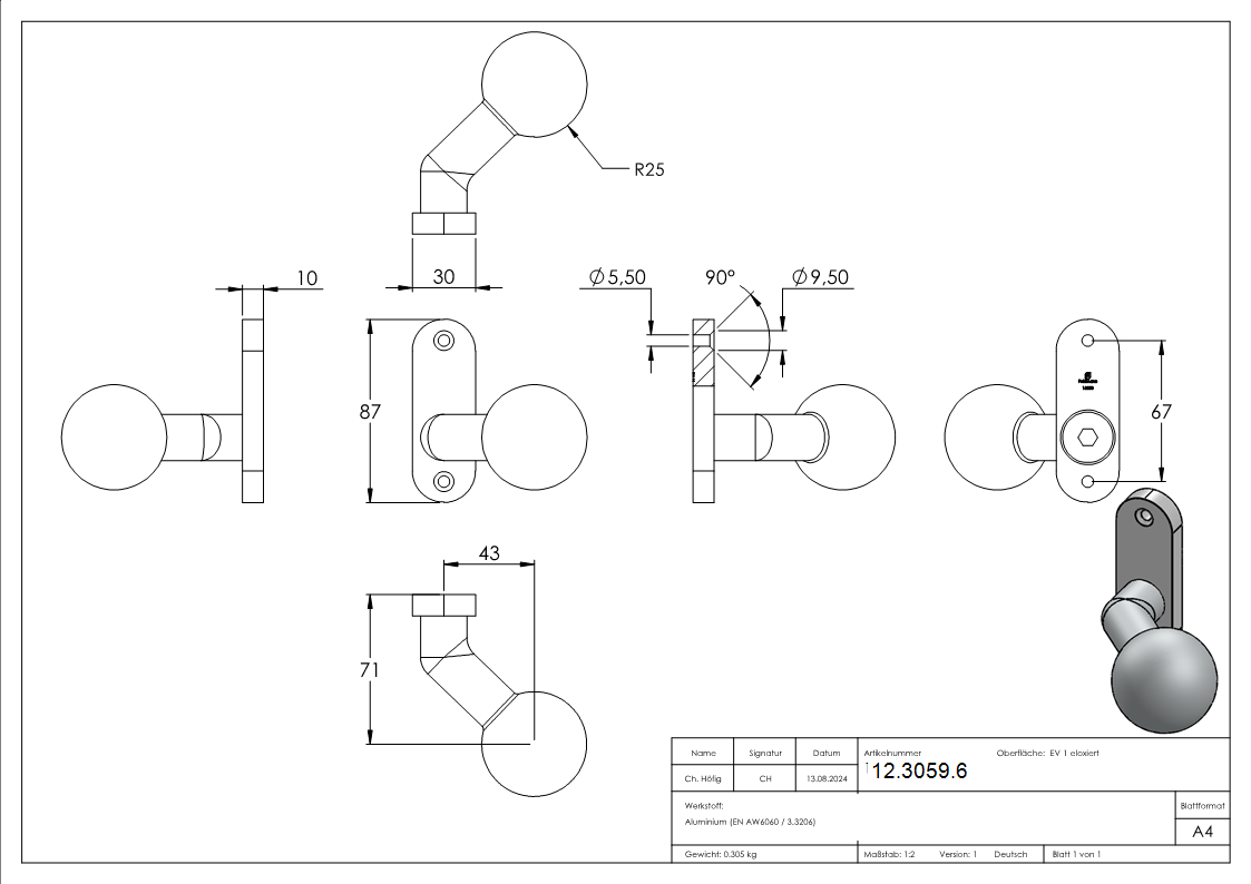 Alu-Tuerknopf - mit Kugel Ø 55 mm - Aluminium EV1-12-3059.6