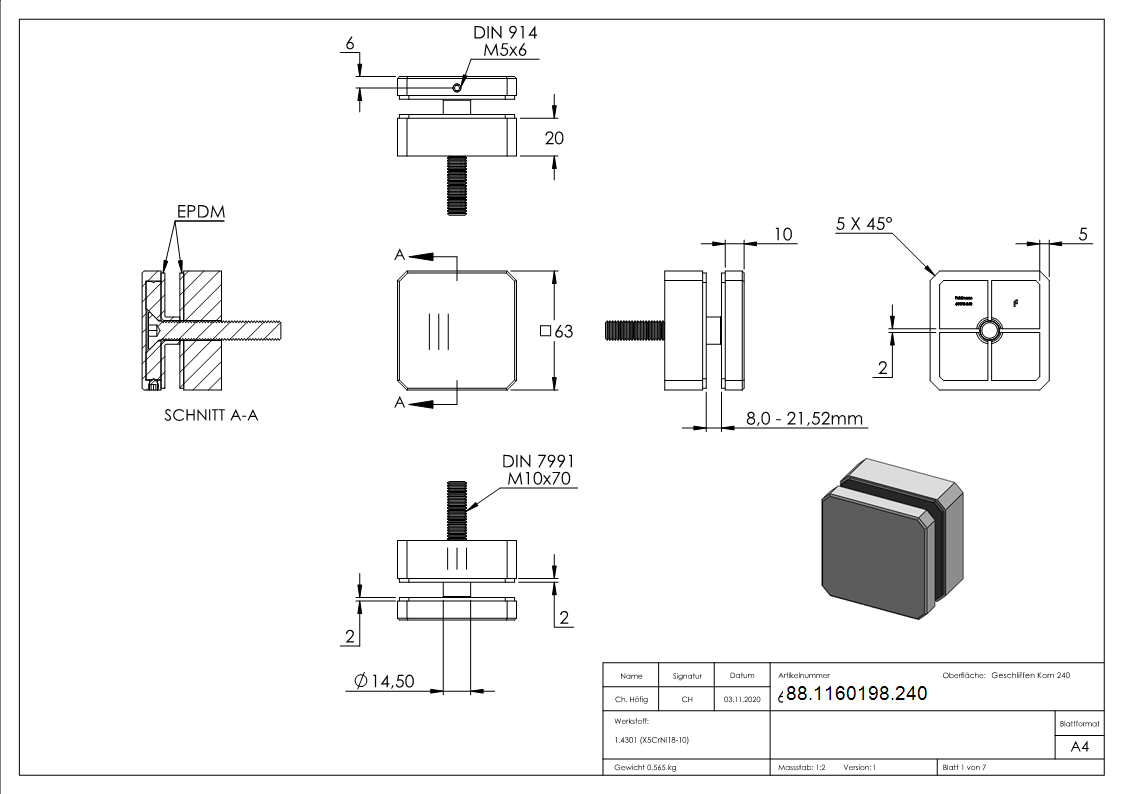 Glas-Punkthalter | 63x63 mm | für Anschluss: flach | V2A