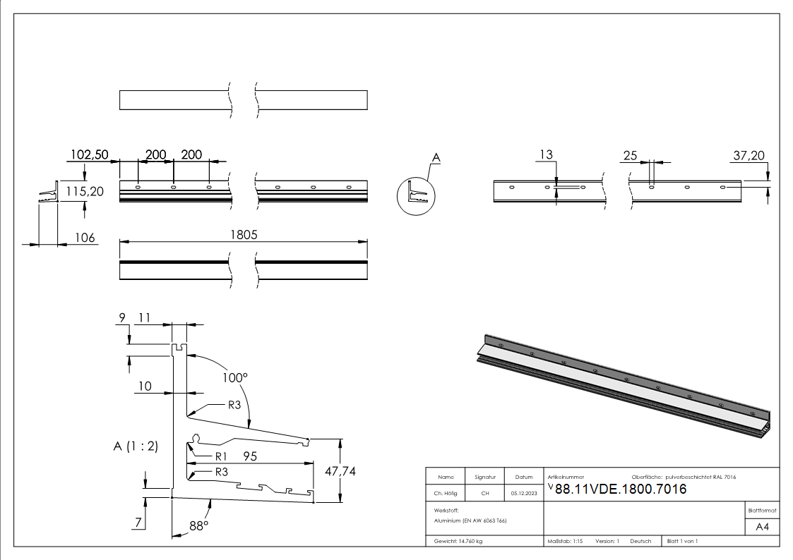Vordachprofil Aluminium L = 1805 mm pulverbeschichtet RAL 7016-88-11VDE-1800.7016