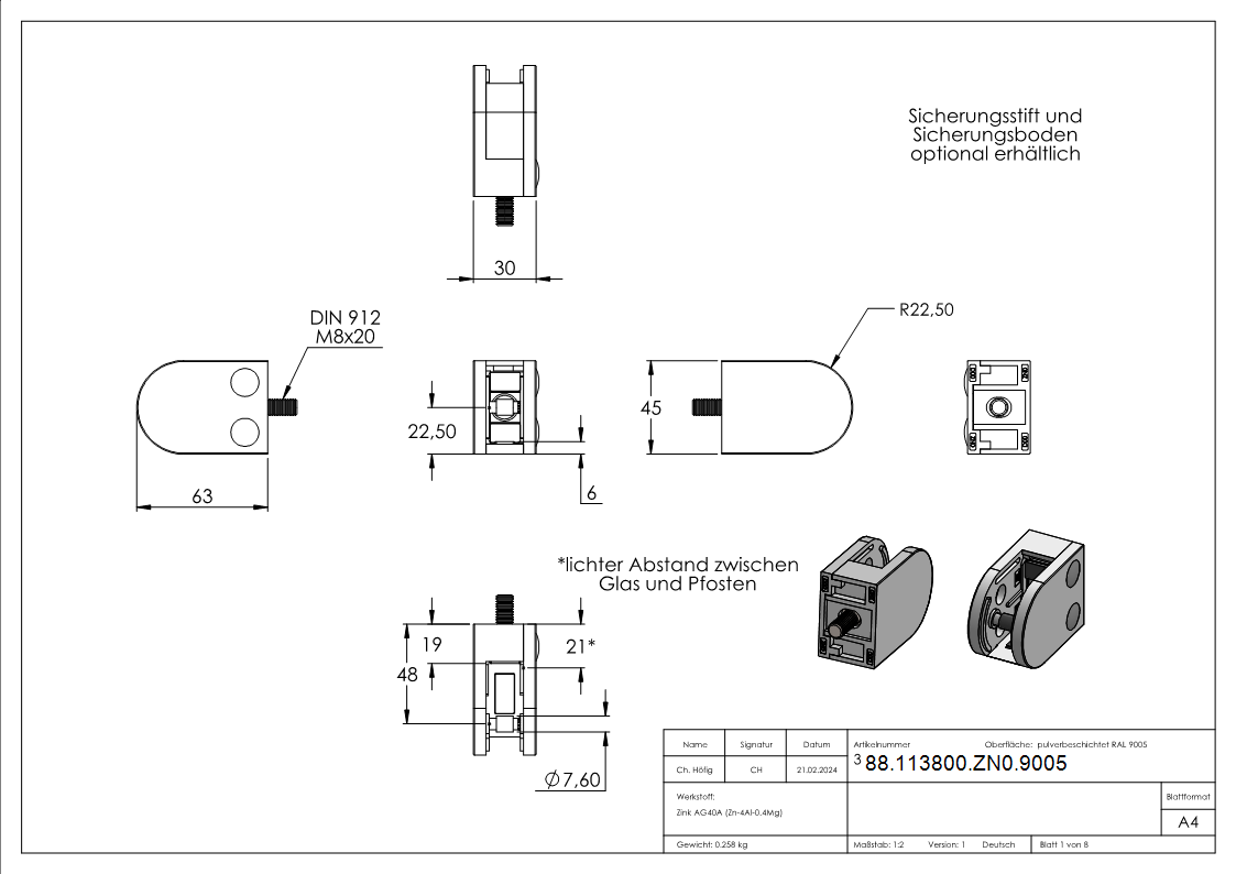 Glasklemme Mod- 38- Anschluss- gerade- Zink roh pulverbeschichtet RAL 9005-88-113800-ZN0.9005