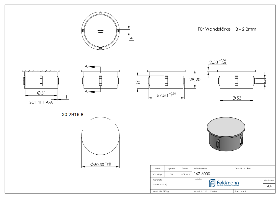 Stahlstopfen flach - fuer Rundrohr Ø 60-3x1-8-2-2 mm - Stahl S235JR- roh-30-2916.8