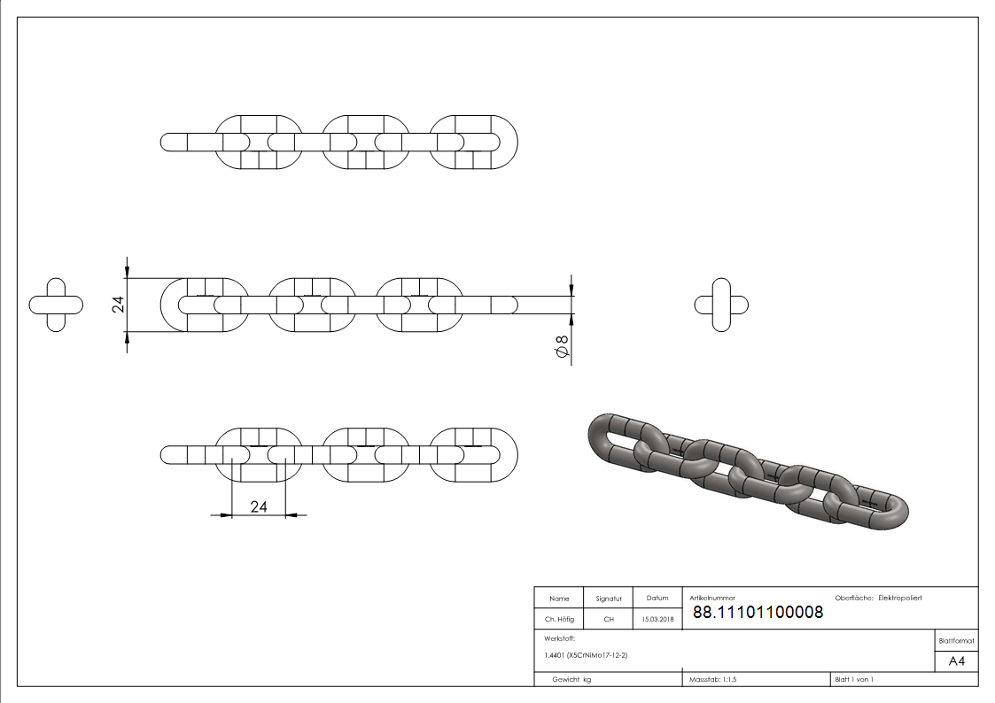 Edelstahlkette kurzgliedrig Edelstahl V4A Ø 8 mm DIN 766-88.11101100008