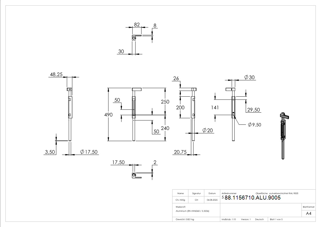Bodenriegel mit Laenge 490mm- zum Anschrauben- RAL 9005 schwarz-88-1156710-ALU.9005