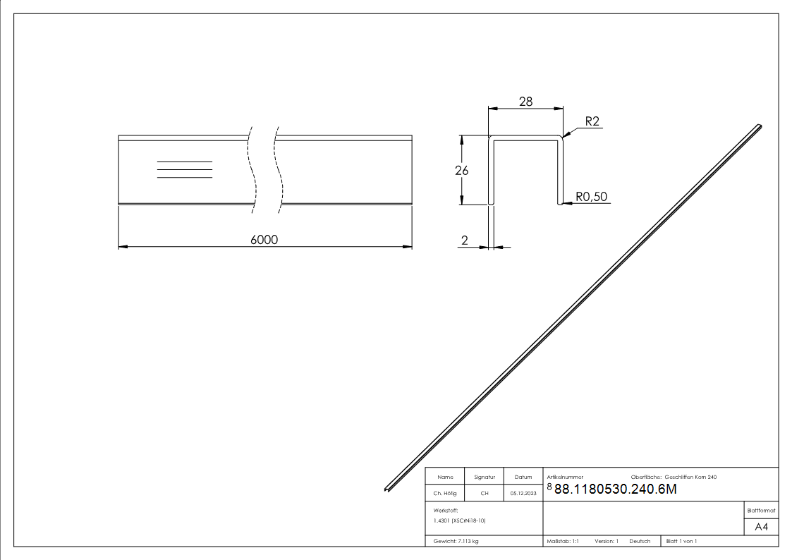 Edelstahl-U-Profil- 28 x 26 x 2mm- Laenge- 6000mm-88-1180530-240.6M
