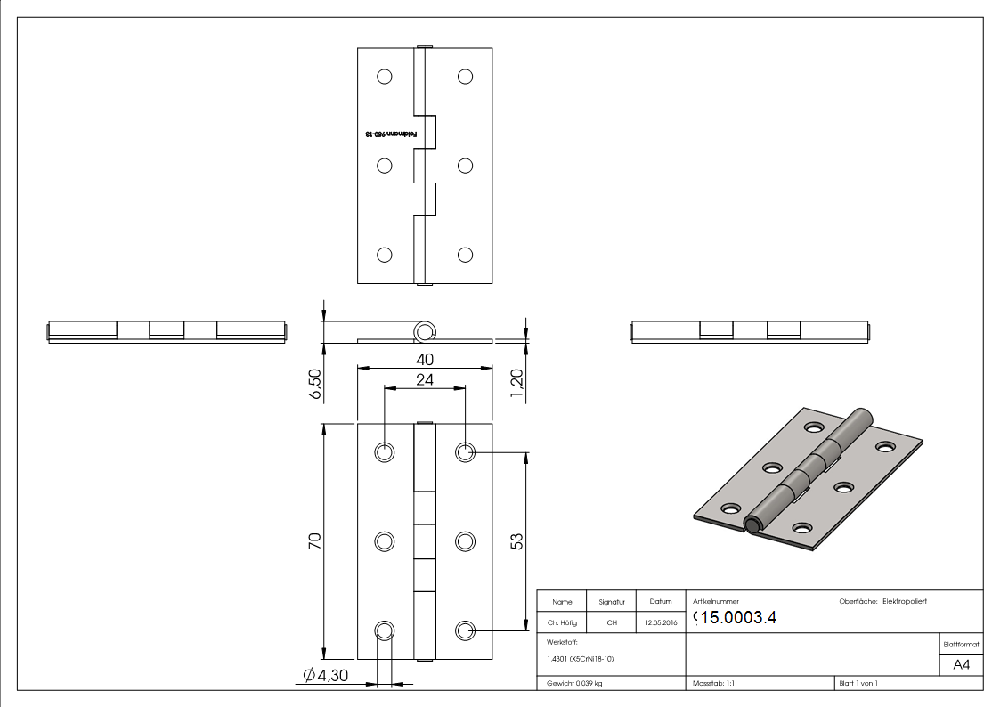 Scharnier 70 x 40mm mit festen Zapfen
