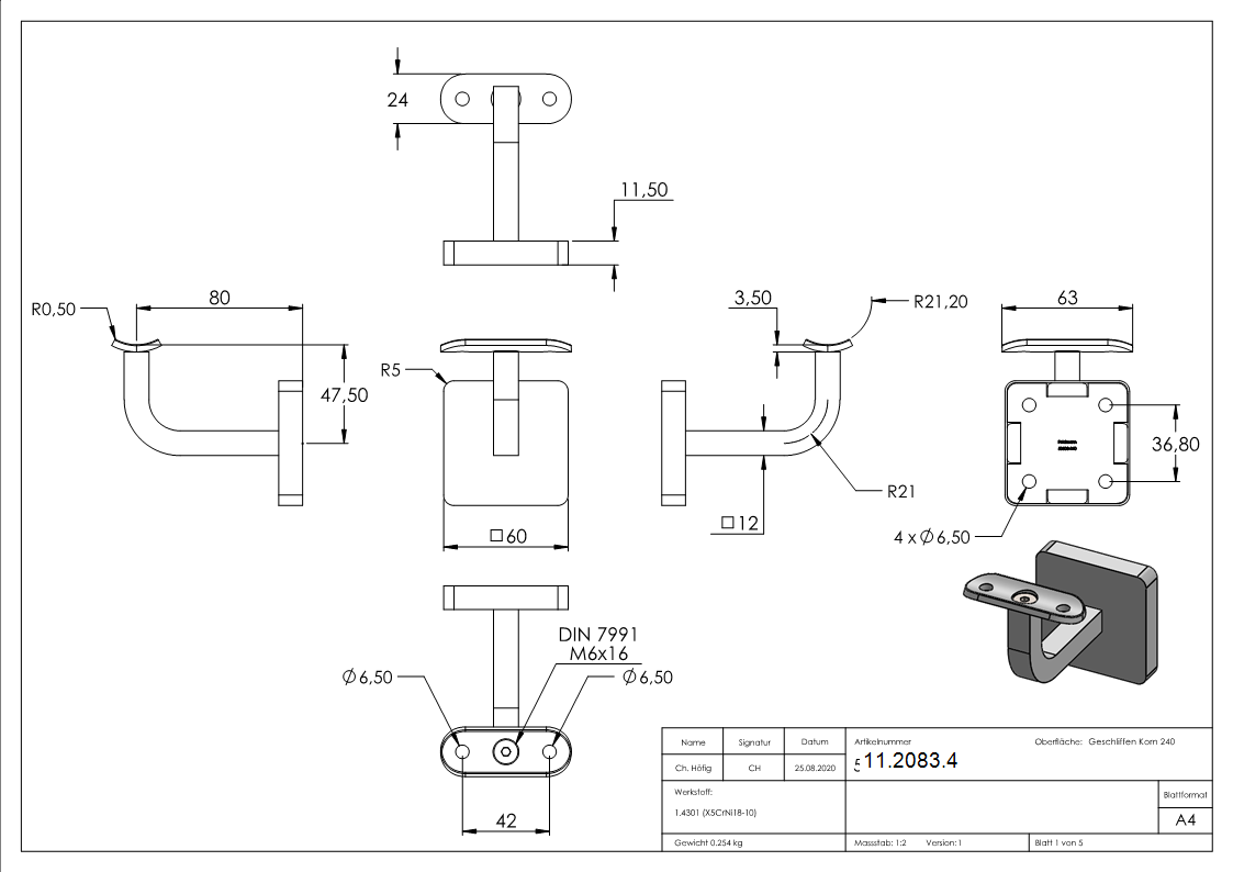 Handlaufhalter mit Cliprosette und Halteplatte für Ø 42,4 mm V2A