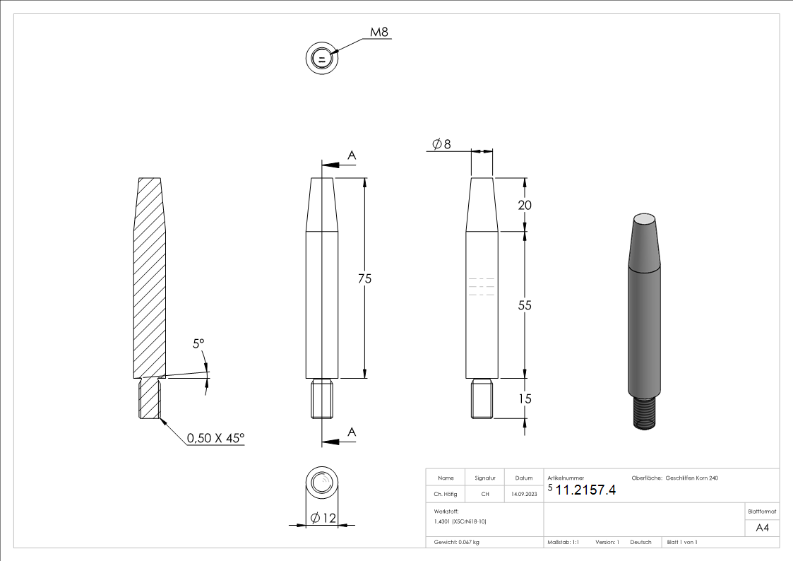 Stift | Maße: 75x12 mm | Gewinde: M8x15 mm | zum Anschweißen | V2A