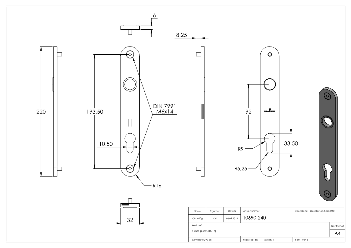 Langschild, Abmessung: 32 x 220 x 6mm, V2A