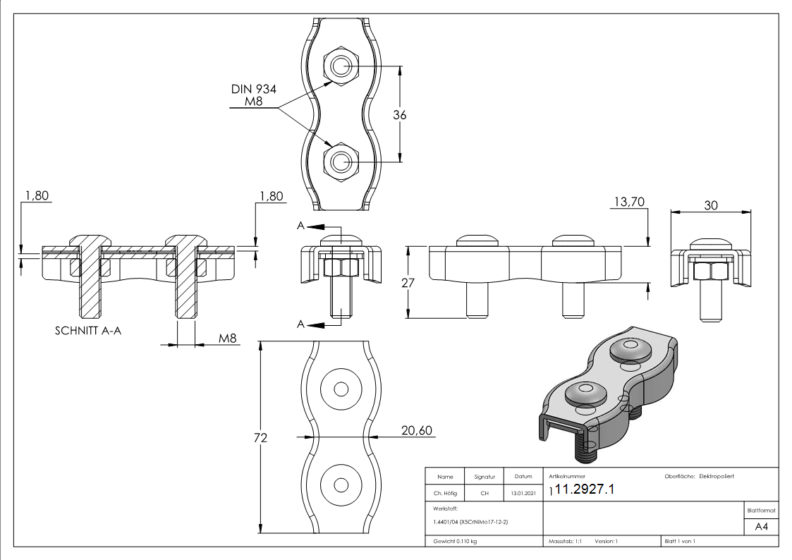 Duplexklemme - fuer Seil Ø 8 mm - V4A-11-2927.1