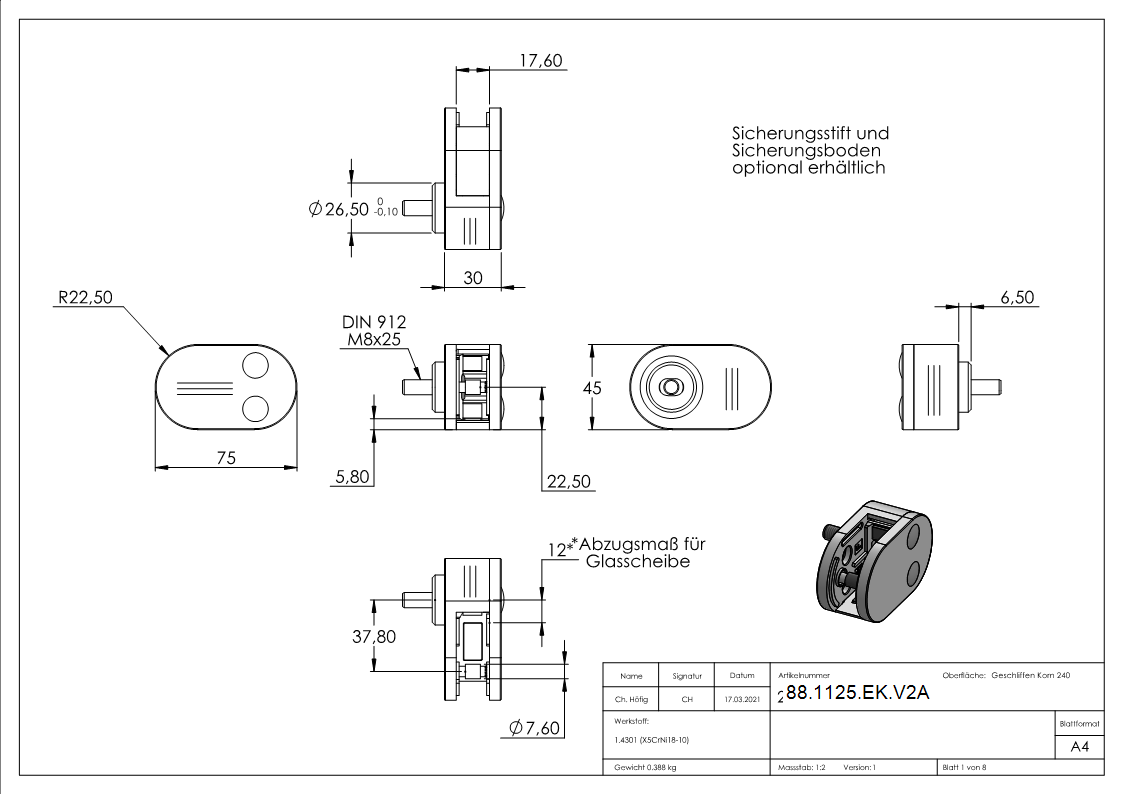 Endglasklemme Edelstahl V2A -1-4301- halbrund gerade Mod- 25 inkl- Schrauben-88-1125-EK.V2A