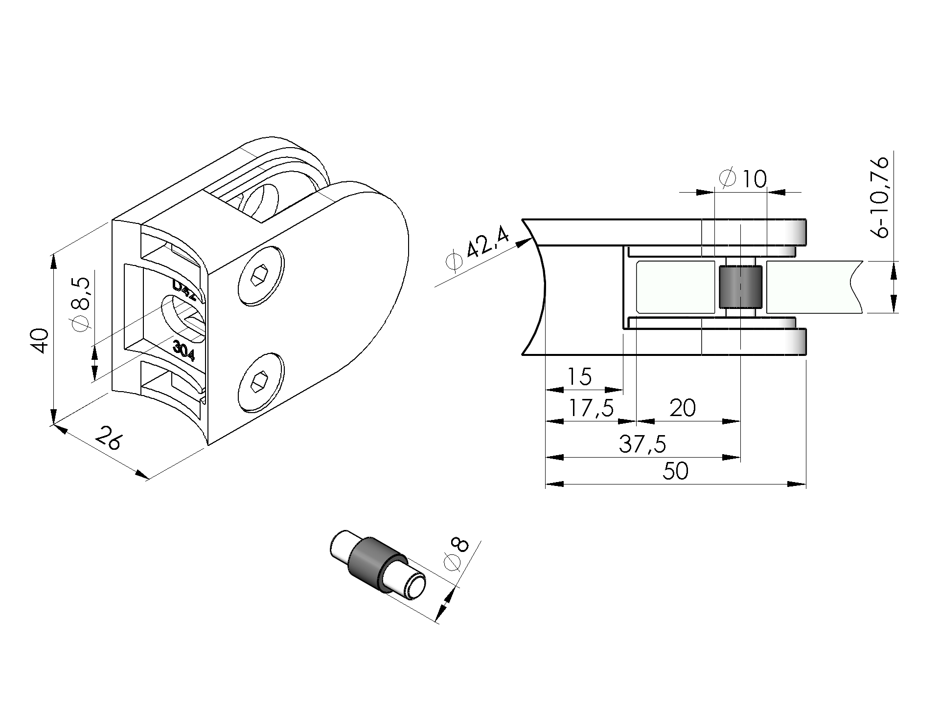 Glasklemme - Masse- 50x40x26 mm - Anschluss 42-4 mm - V2A - Gummi 10-00 mm ESG-18-2042-A.4-8