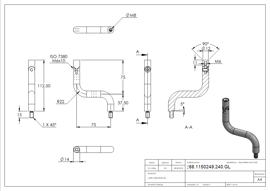Edelstahl Gelenkbuegel Ø 14 mm - 90° gebogen - M6 Innengewinde - zum Anschweissen -V2A-88-1150249-240.GL
