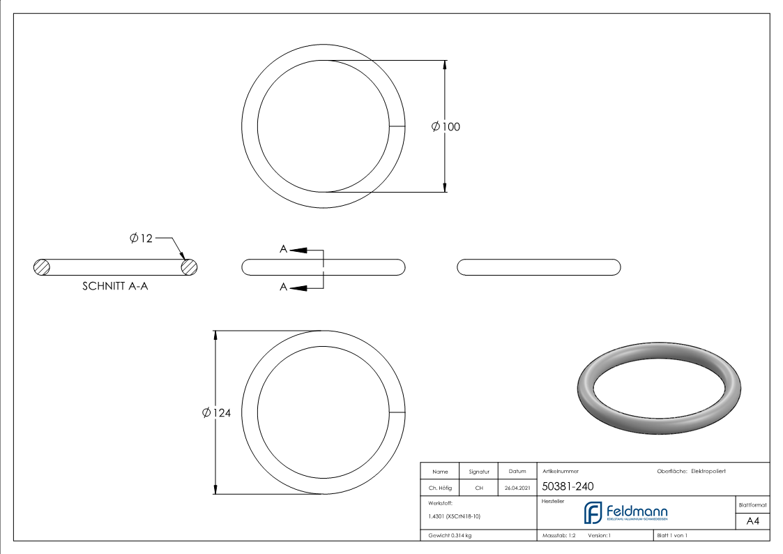 Ring | Außen-Ø: 124 mm | Materialstärke: 12 mm | V2A