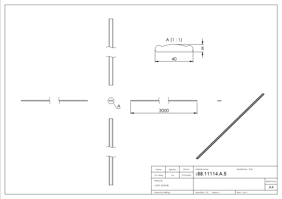 Handlauf 40 x 8mm; Länge 3000mm