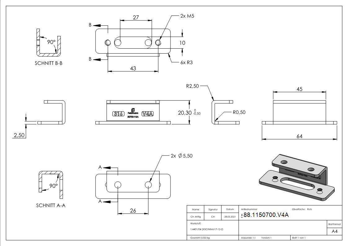Adapter fuer Handlaufhalter- V4A-88-1150700.V4A