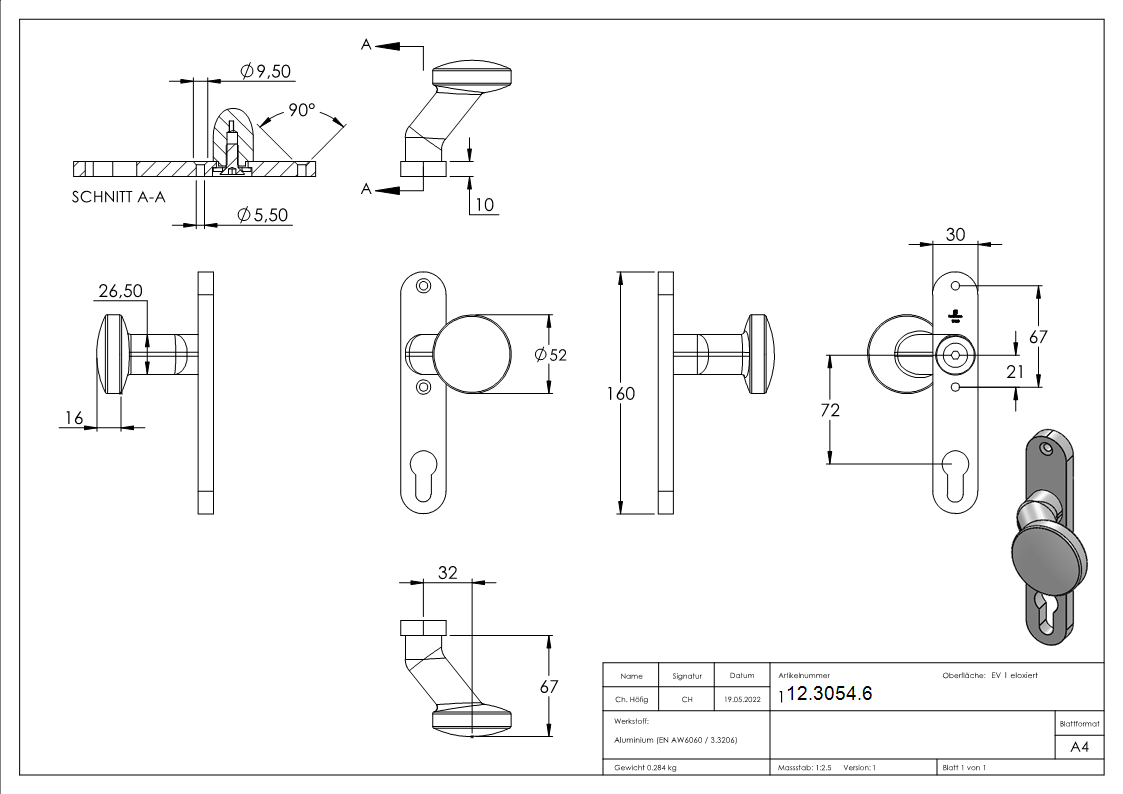 Alu-Tuerknopf - mit Alu-Zylinderkurzschild -rund- - Aluminium EV1 - AMF Artikel- 474Z-12-3054.6