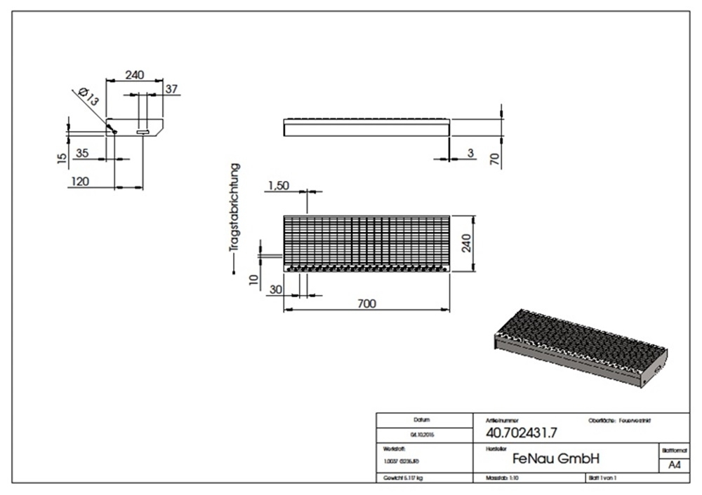 Gitterroststufe Treppenstufe | Maße: 700x240 mm 30/10 mm | S235JR (St37-2), im Vollbad feuerverzinkt